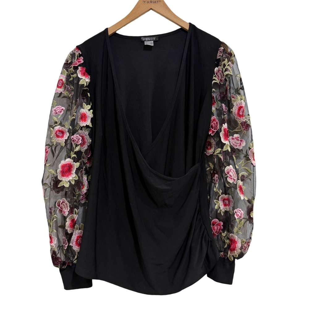 Venus Women's 1X Black Floral Embroidered Mesh‎ Long Sleeve Surplice Wrap Top